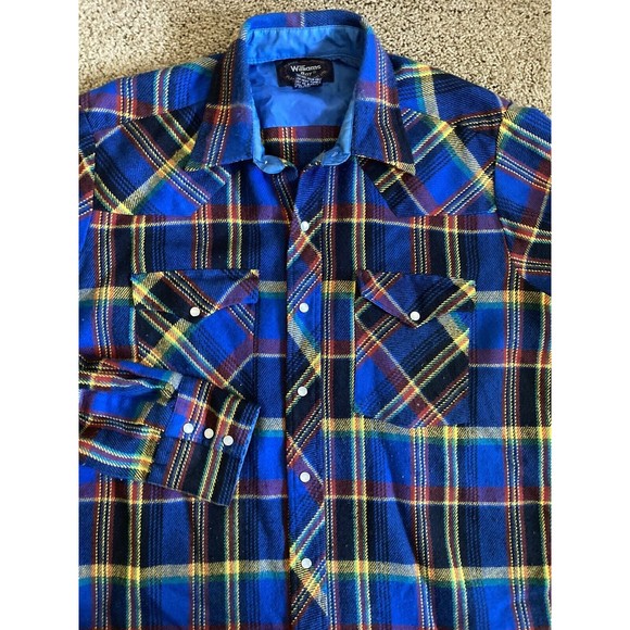 Vintage William's Bay Men's Flannel Shirt Blue Yellow, Red, Pearl Snap Large - Picture 15 of 15